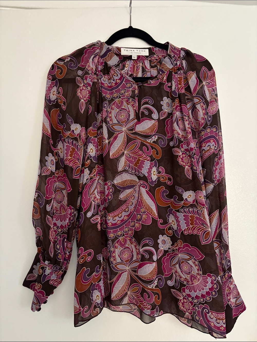 Trina Turk Brown and Pink Paisley Sheer Blouse